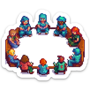a group of friends sitting in a circle, pixel art style, retro video game look, pixelated characters sticker