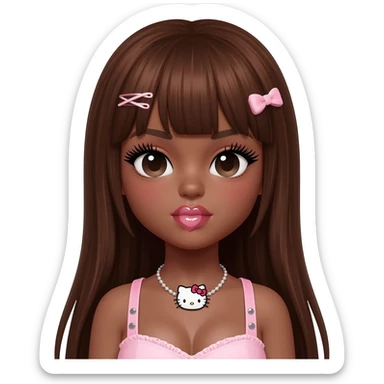 heart shaped lips, cute glossy lips, doll eyes with long lashes, dark brown skin, long brown hair, big chest, hello kitty necklace, one bow clip, bimbocore outfit sticker