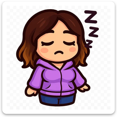 Create a chibi emote of a woman from the reference images with a slightly skinnier body and bigger chest, wearing a lavender hoodie and blue jeans, sleepy with Zzz, cute tired face, no headband, no wand, no green heart, transparent background, and top color not matching jeans, matching the attached green heart emote as a base style. sticker