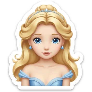 Cinematic Realistic Cute Cinderella Portrait, featuring fair, luminous skin with finely detailed texture and softly lit golden-blonde hair cascading in gentle waves. Her warm, inviting blue eyes sparkle with youthful charm and curiosity, while her classic, elegantly draped ball gown reveals meticulously rendered fabric details and natural folds. The overall composition is bathed in a gentle, realistic radiance that exudes both playfulness and heartfelt beauty. sticker
