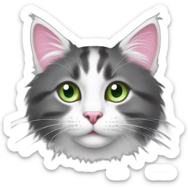 fluffy dark grey cat, pink nose, light green eyes, white long whiskers, white spots near the nose, white breast, the cat's fur is soft. sticker