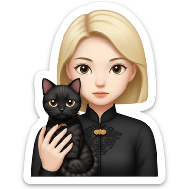 Young woman in black clothes with a black-patterned Chinese domestic cat sticker