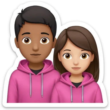 Two friends one boy and one girl in a pink hoodie and the boy with black shirt sticker
