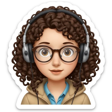brunette kid with unique face features and very curly long hair kid girl neutral and big glasess and big nose and dark eyes with freckles kind of nerd looking and headphone wearing sticker