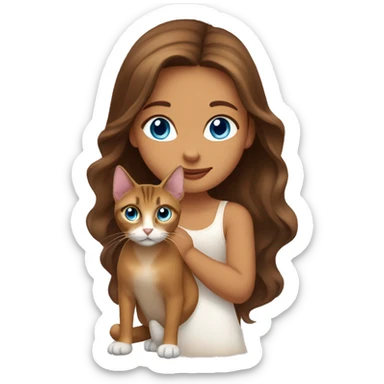 girl with long wavy brown hair, big blue eyes and Abyssinian cat next to her sticker