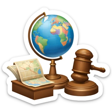 An icon featuring a globe with a gavel and a political map, symbolizing political science. The design includes a ballot box and a podium, representing democracy and governance. Transparent background highlights the study of political systems and global relations. sticker