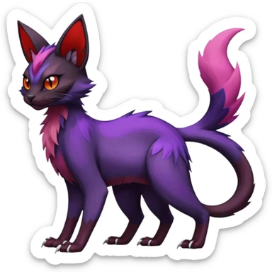 Black edgy Noivern-Noibat-Purloin-Torracat-Lykoi-Caracal-cat-Fakemon-fusion-hybrid-creature with violet and red scale markings sticker