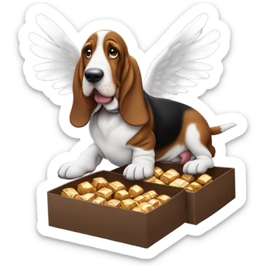 Basset hound with angel wings eating a box of chocolates transforming into a puppy basset hound sticker