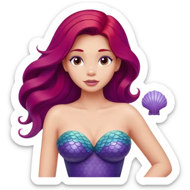 Ariel mermaid from waist up, purple seashell top, long red hair, minimal style but clearly recognizable sticker