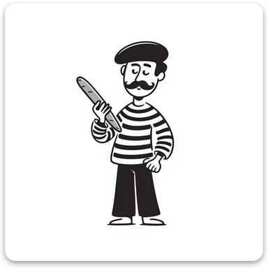 A Frenchman with a moustache and a beret, holding a baguette, wearing a black and white striped shirt, hand-drawn doodle style. sticker