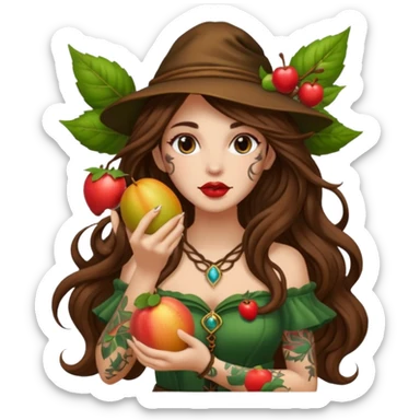 forest mage woman long wavy brown hair tattoos holding fruit near lips sticker