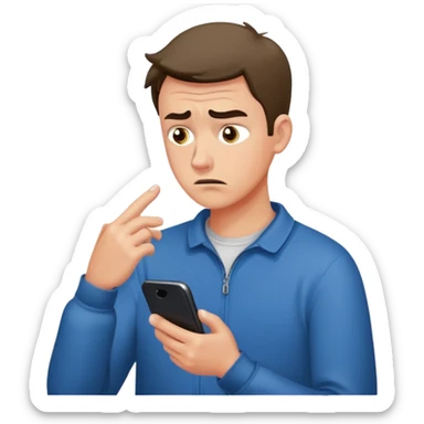 man with anxious attachment style frantically checking his phone with worried eyes and nervous expression, sweat drops on forehead, staring intensely at phone screen waiting for message reply, finger hovering over screen ready to respond immediately, notification symbols visible sticker