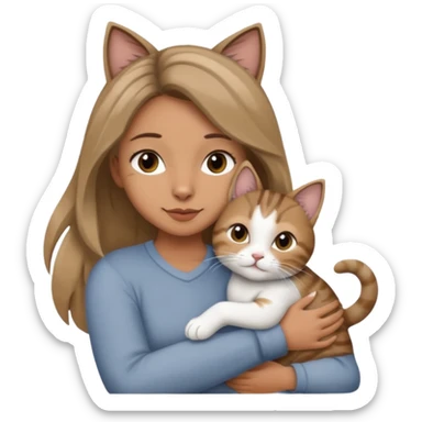 Une femme avec les cheveux dégradée, brun et blond, qui fait un câlin à son chat gris, tigré avec les extrémités que pattes pointe d’oreilles noires et le dessous du menton blanc sticker