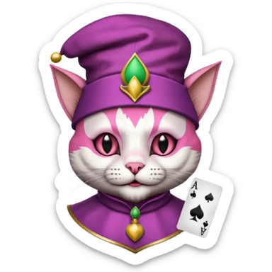court jester cat medieval, single poker card joker clearly visible, pink, face only, round badge, court jester cap sticker