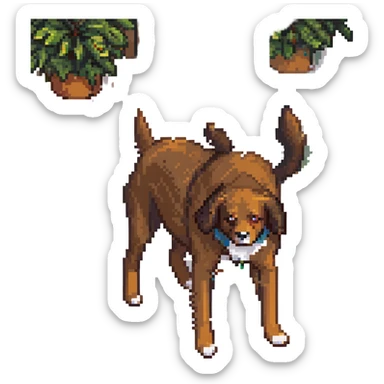 A dog hiding in the bushes with a gun, brown fur, stealthy pose. sticker