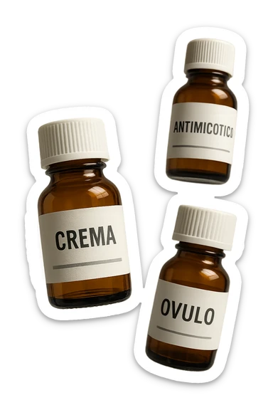 boccette di farmaci fluttuano in aria con le scritte: crema, ovulo o antimicotico in italiano sulle etichette, IPERREALISTICO 4K sticker