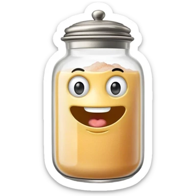 A mischievous anthropomorphic salt jar with transparent glass body and metal lid sticker