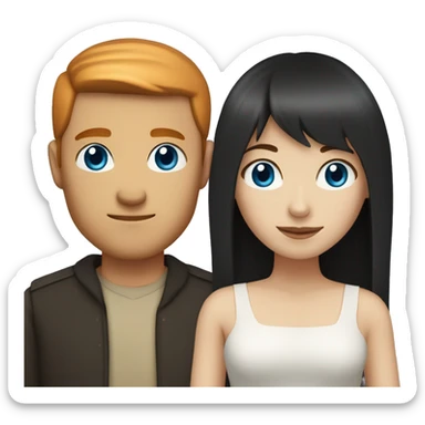 a married couple standing beside eachother, one has pale skin and long straight ginger hair with bangs and blue eyes, the other person is a man that is mexican and has straight chin length black hair with brown eyes sticker