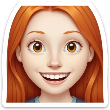 traditional emoji of young girl with very pale skin, long straight bright ginger red hair, regular human eyes (not cat-like), wide nose, big smile with extremely large prominent teeth showing, classic round face sticker