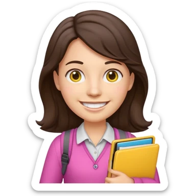 Teacher emoji but : wavy dark brown hair, light western skin, no glasses, dark eyes, with a computer folder in the hand (color is yellow), being a teacher, wearing pink backpack, smile with teeth





 sticker
