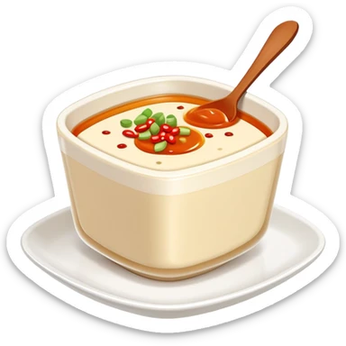 Sichuan Doufu Hua soft tofu pudding with spicy sauce, simplified emoji style with bold outlines and bright colors, cartoon style savory tofu dessert sticker