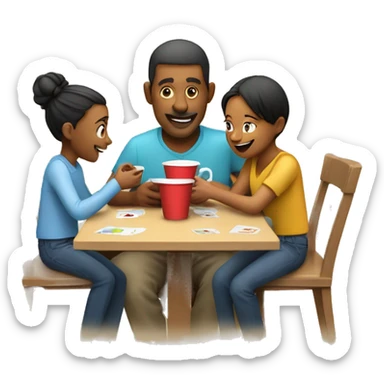 An emoji of a family—mother, father, and child—sitting at a table, playing a cup game with paper cups arranged on the table as they have fun together sticker