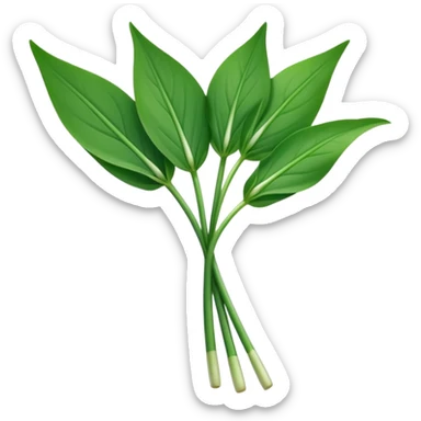 single sprig or small cluster of wild garlic leaves with smooth elongated lance-shaped blades, rich vibrant green color, soft central veins, fresh slightly glossy surface, gently arching from slender stems, no roots or soil, apple emoji style, soft lighting, subtle shadows, emoji scale sticker