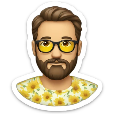 Homme brun lunettes et barbe avec une chemise jaune a fleurs sticker
