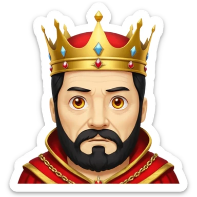 


an old king with yellow skin, red eyes, 60 years old, black hair, black beard, wearing a crown, red robe, fierce face, baron/lord vibe
 sticker