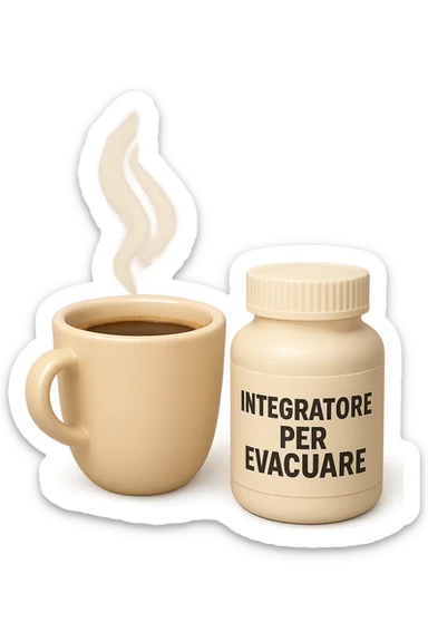 EMOJI STILE IPHONE 3D DI un caffè e di una boccetta di integratore con la scritta "INTEGRATORE PER EVACUARE" SULL'ETICHETTA, iperrealistico 4k sticker