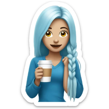 white skin girl with blue long hair drinking coffee sticker