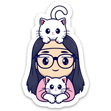 Girl with long black hair and glasses holding a white kitten sticker