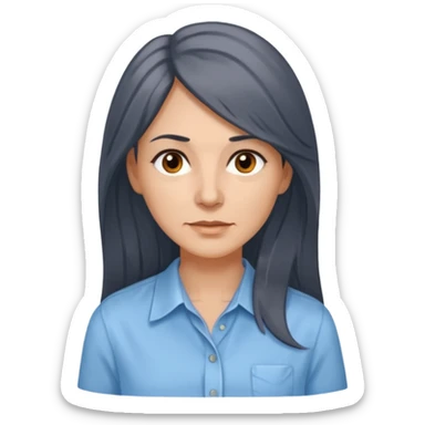 vit 50-årig kvinna med grå slingor i jättelångt mörkbrunt hår bruna ögon ljusblå skjorta med översta knappen uppknäppt sticker