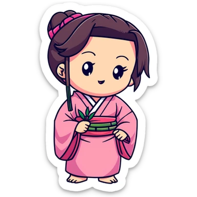 chibi Nezuko with pink kimono and bamboo muzzle in her mouth sticker