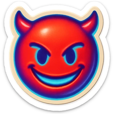 devil emoji, neon palette, bright red and electric blue colors, small horns, mischievous grin, glowing effect, vibrant neon style sticker