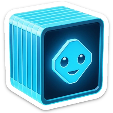 Pixel art emoji icon of a futuristic holographic book (help), neon blue sci-fi voxel style, cute tech aesthetic, centered, simple, high contrast, 3D shading, soft glow, transparent background, 100x100 px, game UI icon sticker