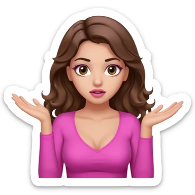 girl with long wavy brown hair, brown eyes, long lashes makeup, sexy pink lips, light to medium complexion, pink sexy top, shrugging with both hands, confused sticker