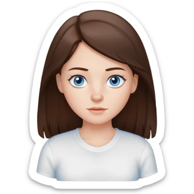 Create an emoji of a white Girl with brunette hair blue eyes faint freckles and hair to her chest wearing a white shirt sticker