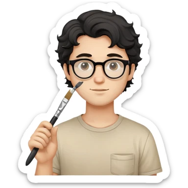 Young caucasian man with black wavy hair, round glasses, beige painting shirt, holding a square paintbrush sticker