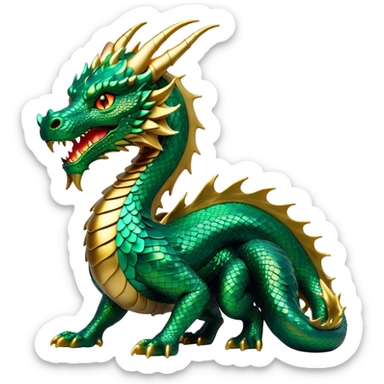 Cinematic Noble Dragon Portrait Emoji, Poised and majestic, with a sinuous, elongated body covered in intricately detailed, shimmering scales in hues of emerald and gold, and piercing, fiery eyes that reflect ancient wisdom; rendered with lifelike texture and natural highlights, high shine, intelligent and formidable, styled with an aura of mythic power, focused and attentive, soft glowing outline, capturing the essence of a legendary dragon that appears ready to soar out of the screen with timeless authority! sticker