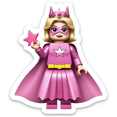 Lego Batman dressed as a princes. He hag his Batman suit underneath but on top he has pink sparkly skirt and top and a wound with star in the hand, which is also pink. On head he has his mask no sticker