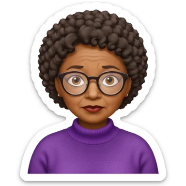 Old black woman, solemn, wearing glasses and sweater, short curly hair sticker