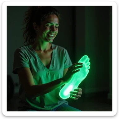 realistic style adult woman smiling showing relief on foot thanks to orthopedic insole, foot with glowing green halo symbolizing benefit, insole visible in shoe, bright environment sticker