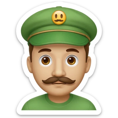 round emoji face with brown mustache and green cap with white circle emblem, 3D emoji style, 1:1
 sticker
