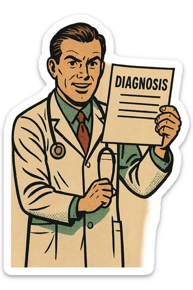 A doctor standing up holding a sheet of paper with the word diagnosis on it sticker
