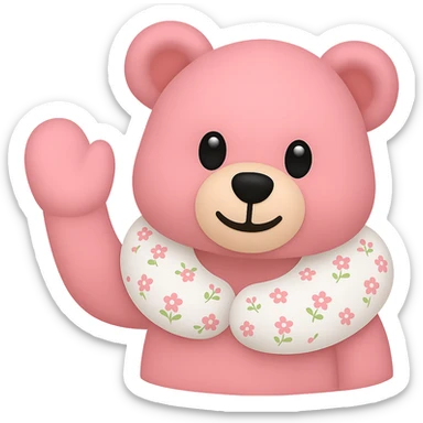 Create an iPhone emoji style pink teddy bear with a floral neck pillow. The bear is waving, simple and cute, with a transparent background. Maintain the iPhone emoji style look. sticker