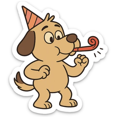 a dog with a party hat blowing a noisemaker, cartoon style sticker