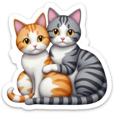full body colourful light patched calico + white tabby cat cuddling a bigger cat that is dark grey and white tabby cat  and they are in love sticker