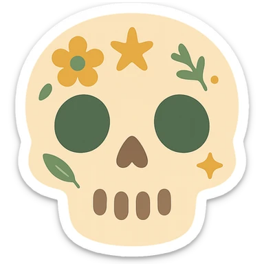 A cute and whimsical skull with a friendly expression, designed in a soft and charming color palette: golden orange (FA9B41), deep forest green (4A7C5C), warm taupe brown (96775A), and pastel peach (FFCC9A). The skull has rounded features and gentle curves, with big, expressive eye sockets that give it a sweet and non-threatening appearance. It’s decorated with floral patterns, tiny stars, or leaf motifs in the given colors, inspired by cozy or magical aesthetics. The background is softly lit, adding to the gentle and enchanting mood, making the skull feel more like a magical companion than something spooky. sticker