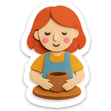 paper craft style girl with shoulder-length red hair making a bowl with clay sticker